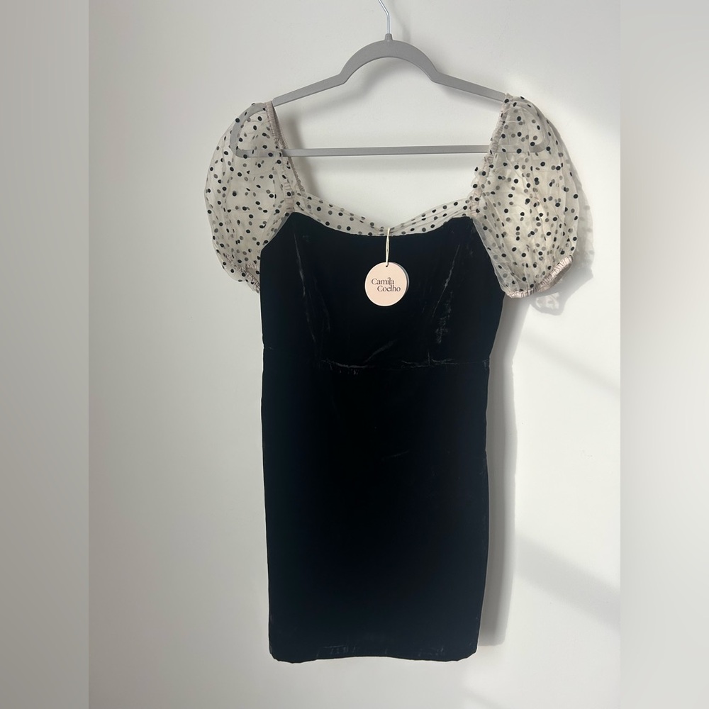 Camila Coelho black velvet polka dot puff short sleeve mini dress